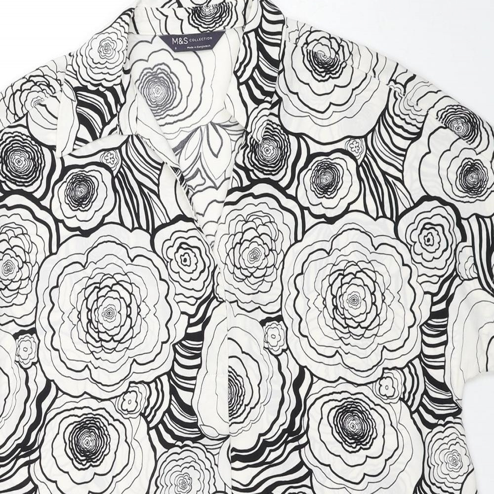 Marks and Spencer Womens White Floral Polyester Basic Blouse Size 8 V-Neck