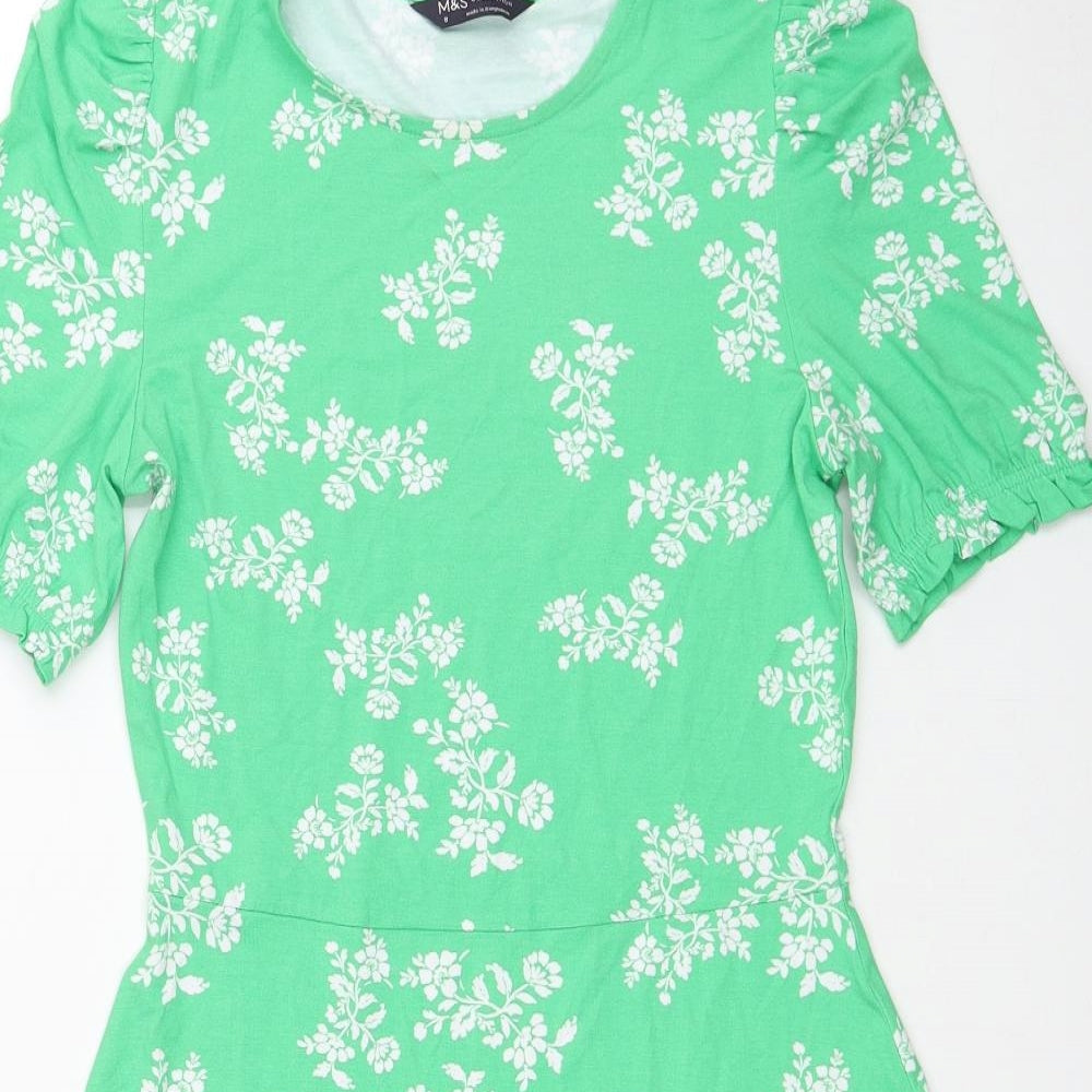 Marks and Spencer Womens Green Geometric Viscose A-Line Size 8 Round Neck Pullover