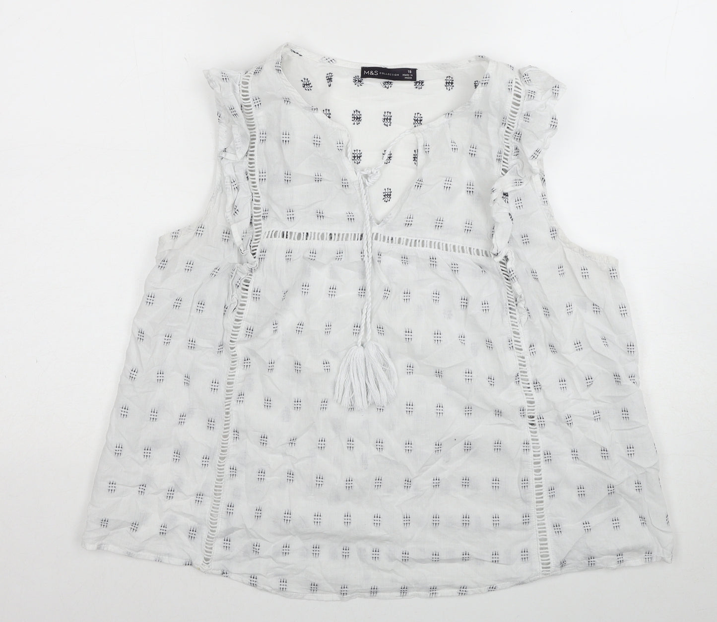 Marks and Spencer Womens White Geometric Cotton Basic Blouse Size 18 V-Neck