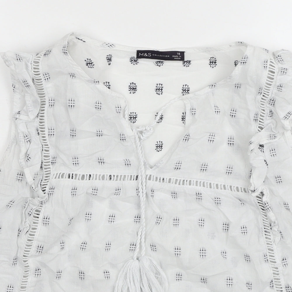 Marks and Spencer Womens White Geometric Cotton Basic Blouse Size 18 V-Neck