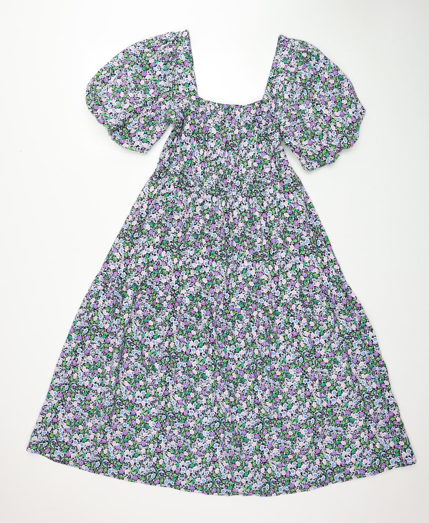 Marks and Spencer Womens Multicoloured Floral Cotton Fit & Flare Size 10 Square Neck Pullover