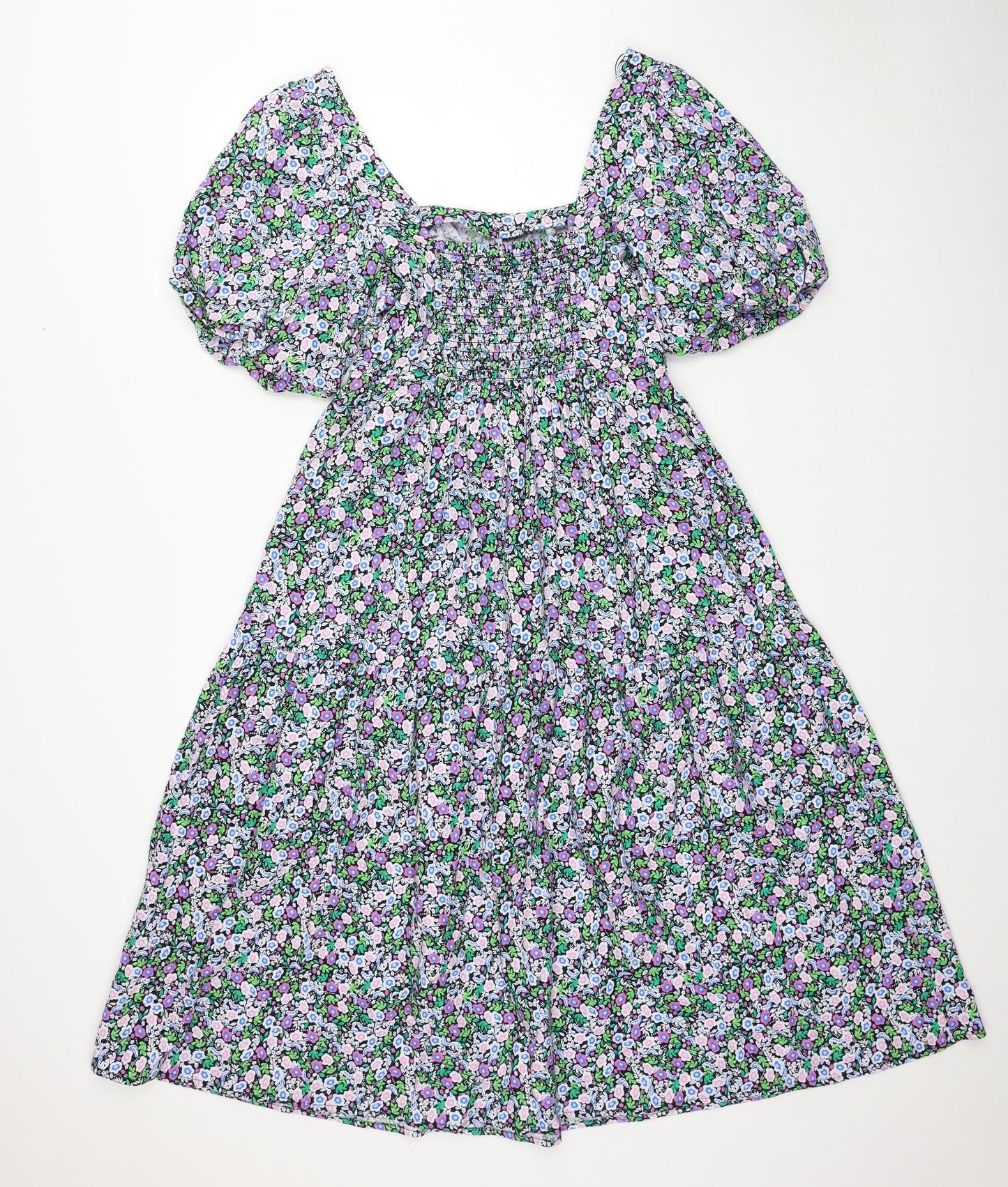 Marks and Spencer Womens Multicoloured Floral Cotton Fit & Flare Size 10 Square Neck Pullover