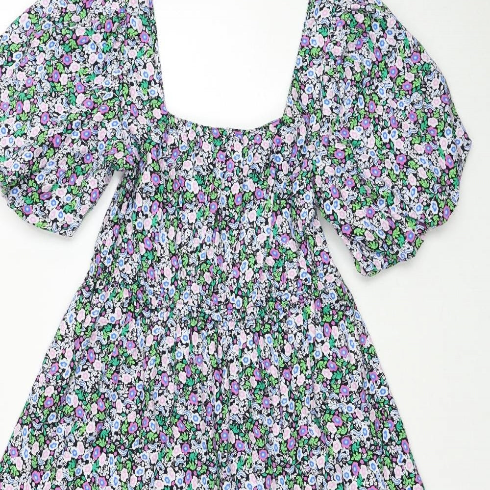 Marks and Spencer Womens Multicoloured Floral Cotton Fit & Flare Size 10 Square Neck Pullover
