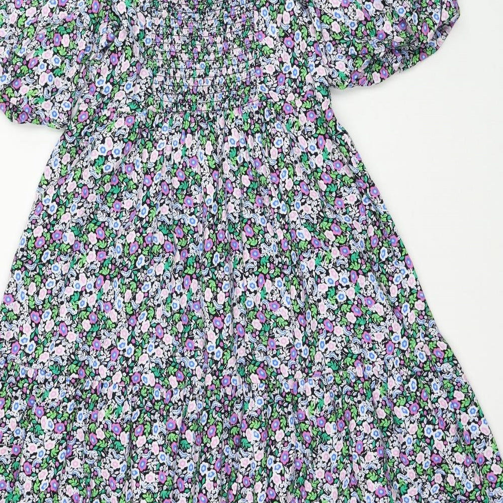 Marks and Spencer Womens Multicoloured Floral Cotton Fit & Flare Size 10 Square Neck Pullover