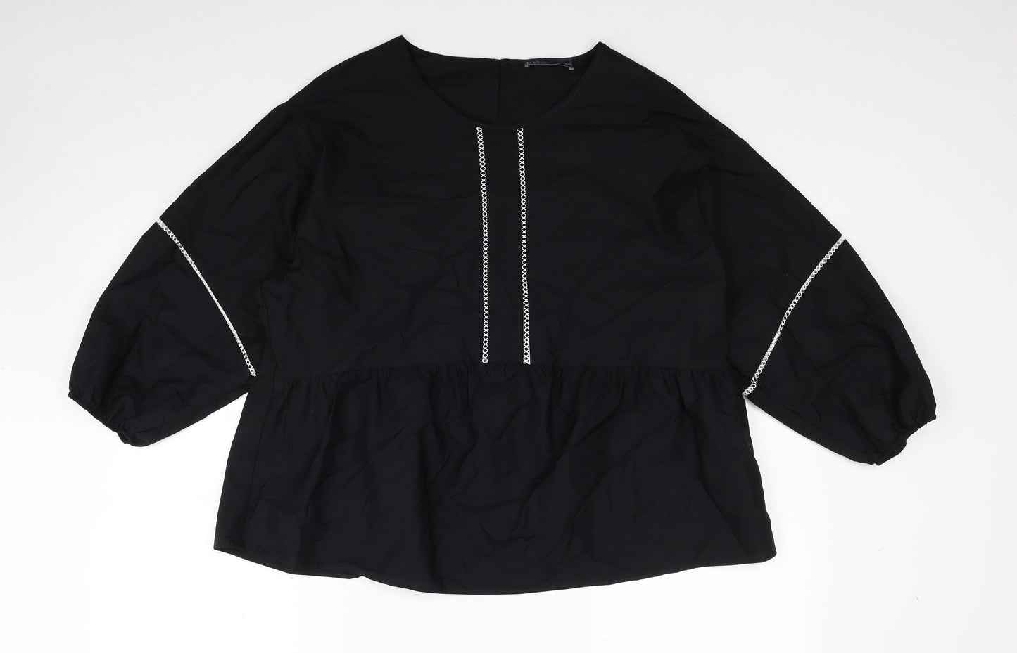 Marks and Spencer Womens Black Cotton Basic Blouse Size 12 Scoop Neck - Smock