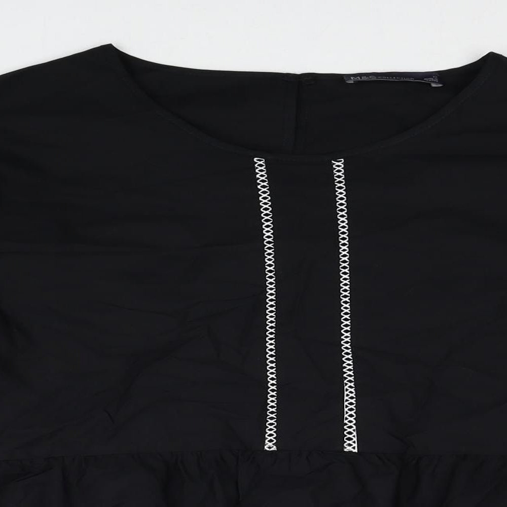 Marks and Spencer Womens Black Cotton Basic Blouse Size 12 Scoop Neck - Smock