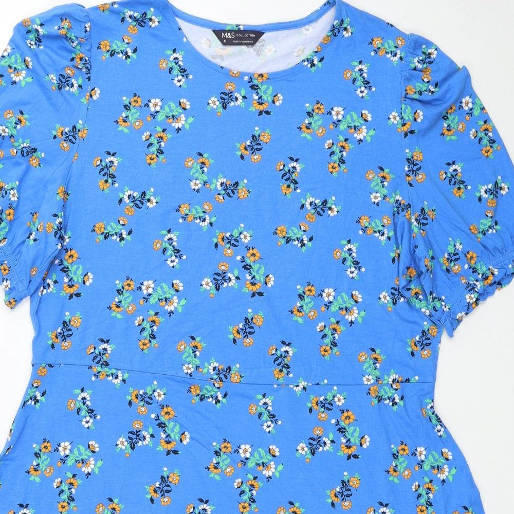 Marks and Spencer Womens Blue Geometric Viscose A-Line Size 16 Round Neck Pullover
