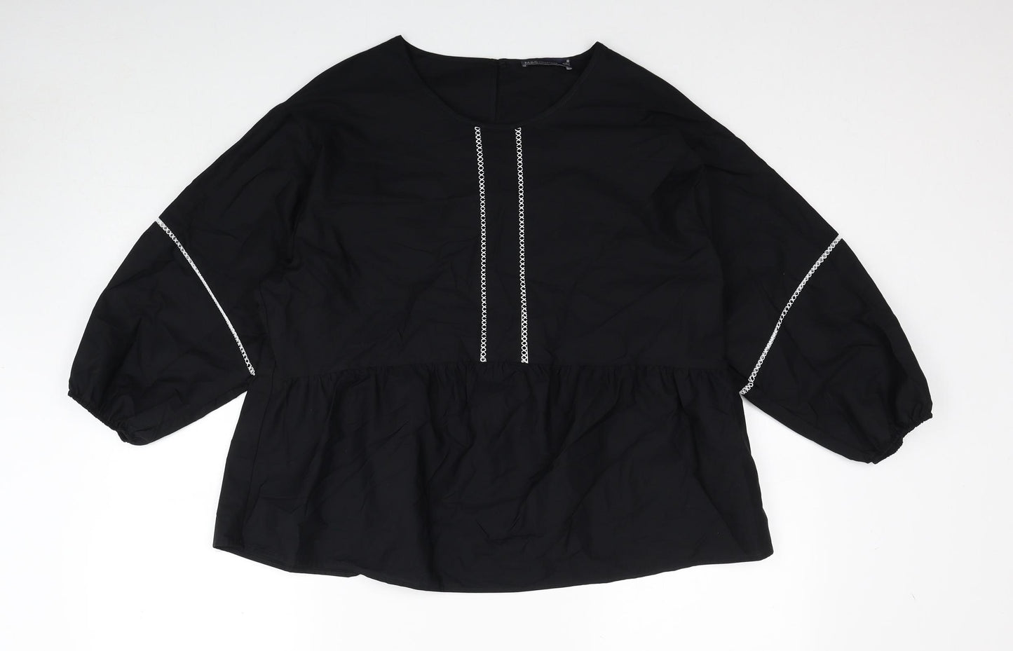 Marks and Spencer Womens Black Cotton Basic Blouse Size 14 Scoop Neck - Smock