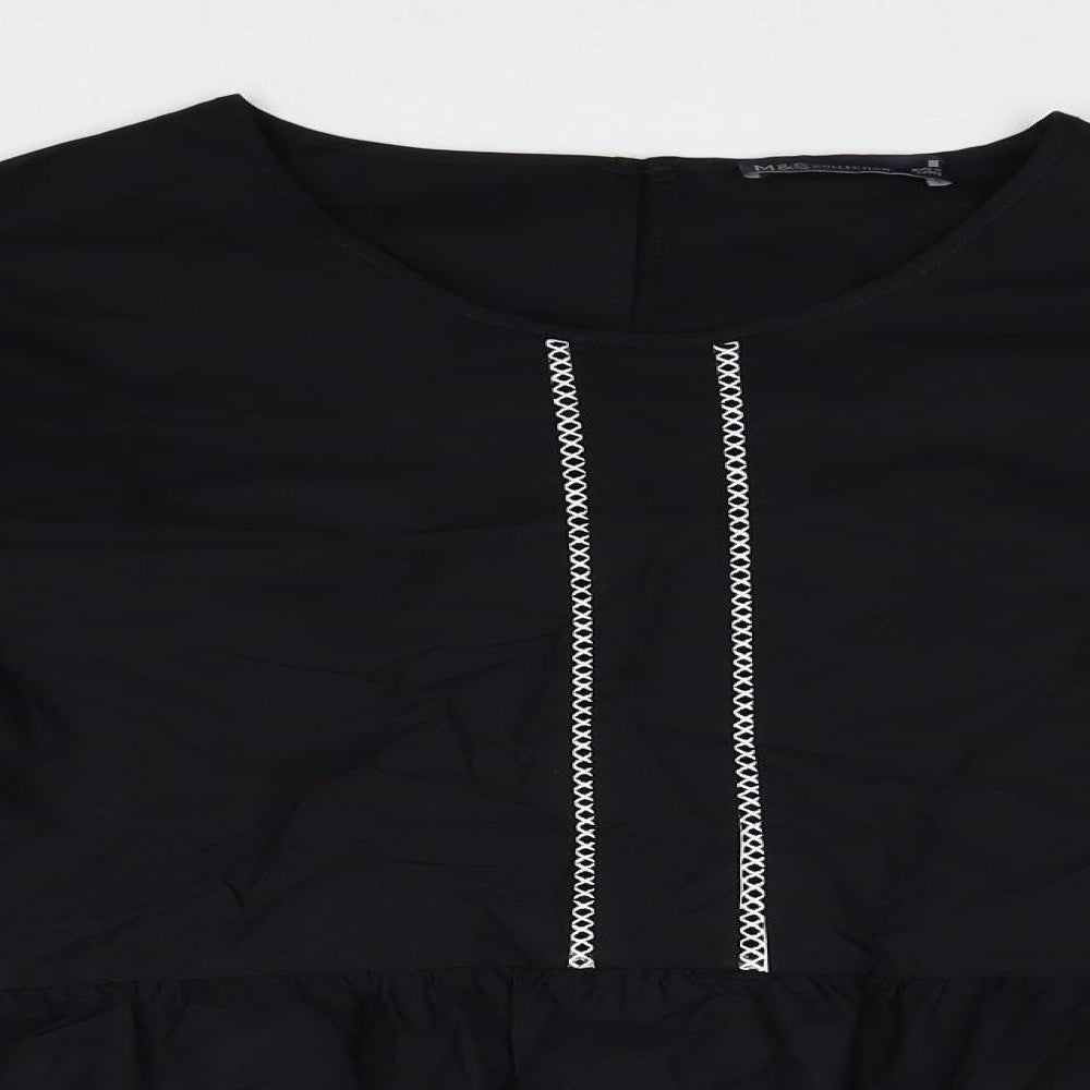 Marks and Spencer Womens Black Cotton Basic Blouse Size 14 Scoop Neck - Smock