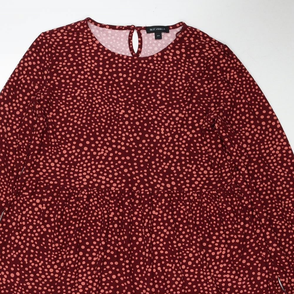Blue Vanilla Womens Red Polka Dot Polyester Trapeze & Swing Size M Round Neck Button