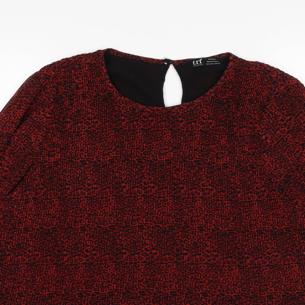 Zara Womens Red Animal Print Polyester Basic Blouse Size L Boat Neck - Leopard Print