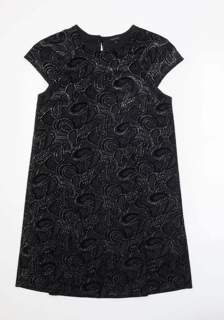 River Island Womens Black Geometric Polyester Shift Size 8 Round Neck Button