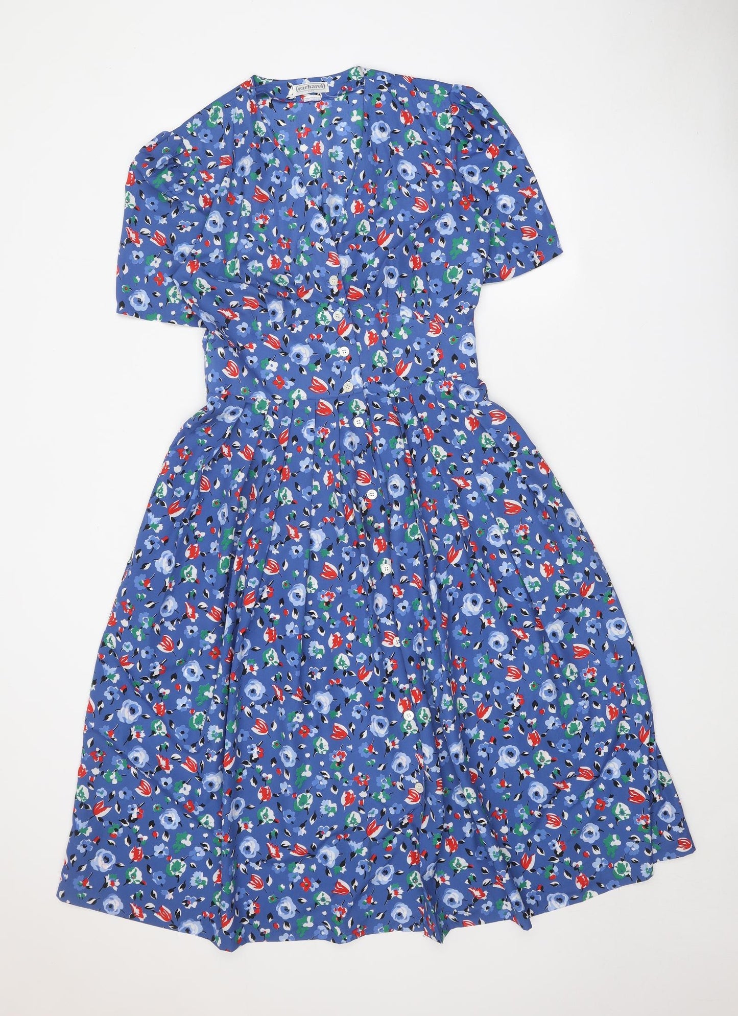 Cacharel Womens Blue Floral Polyester Fit & Flare One Size V-Neck Button