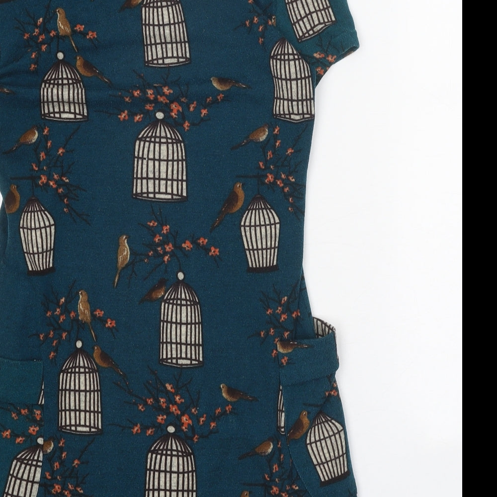 Purplish Womens Blue Geometric Cotton A-Line Size S Boat Neck Pullover