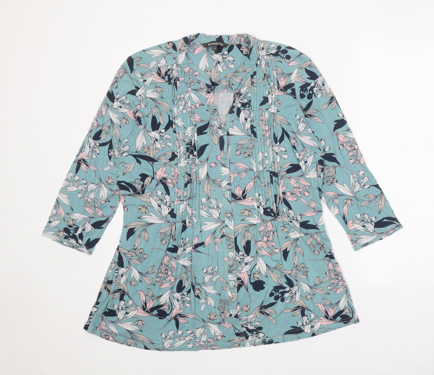 Bonmarché Womens Green Floral Viscose Basic Blouse Size 16 V-Neck