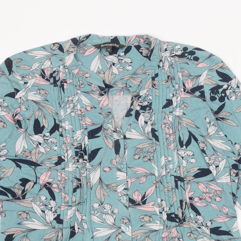 Bonmarché Womens Green Floral Viscose Basic Blouse Size 16 V-Neck