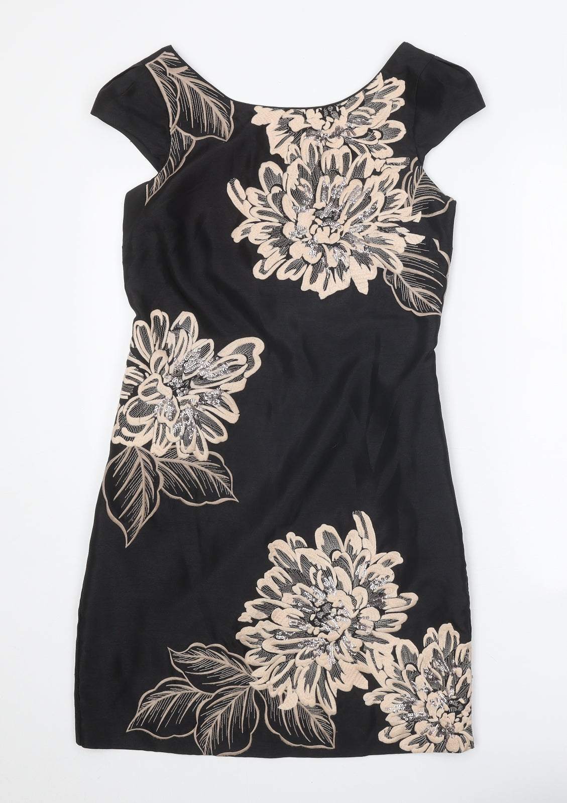 Monsoon Womens Black Floral Polyester Sheath Size 10 Scoop Neck Zip