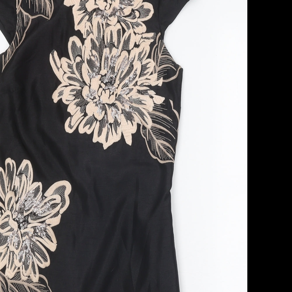 Monsoon Womens Black Floral Polyester Sheath Size 10 Scoop Neck Zip