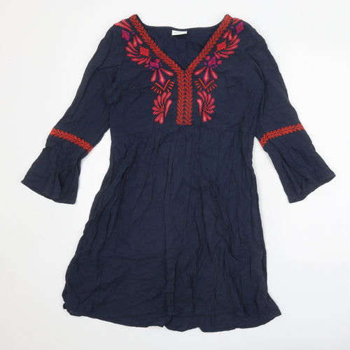 VILA Womens Blue Geometric Polyester A-Line Size 6 V-Neck Pullover