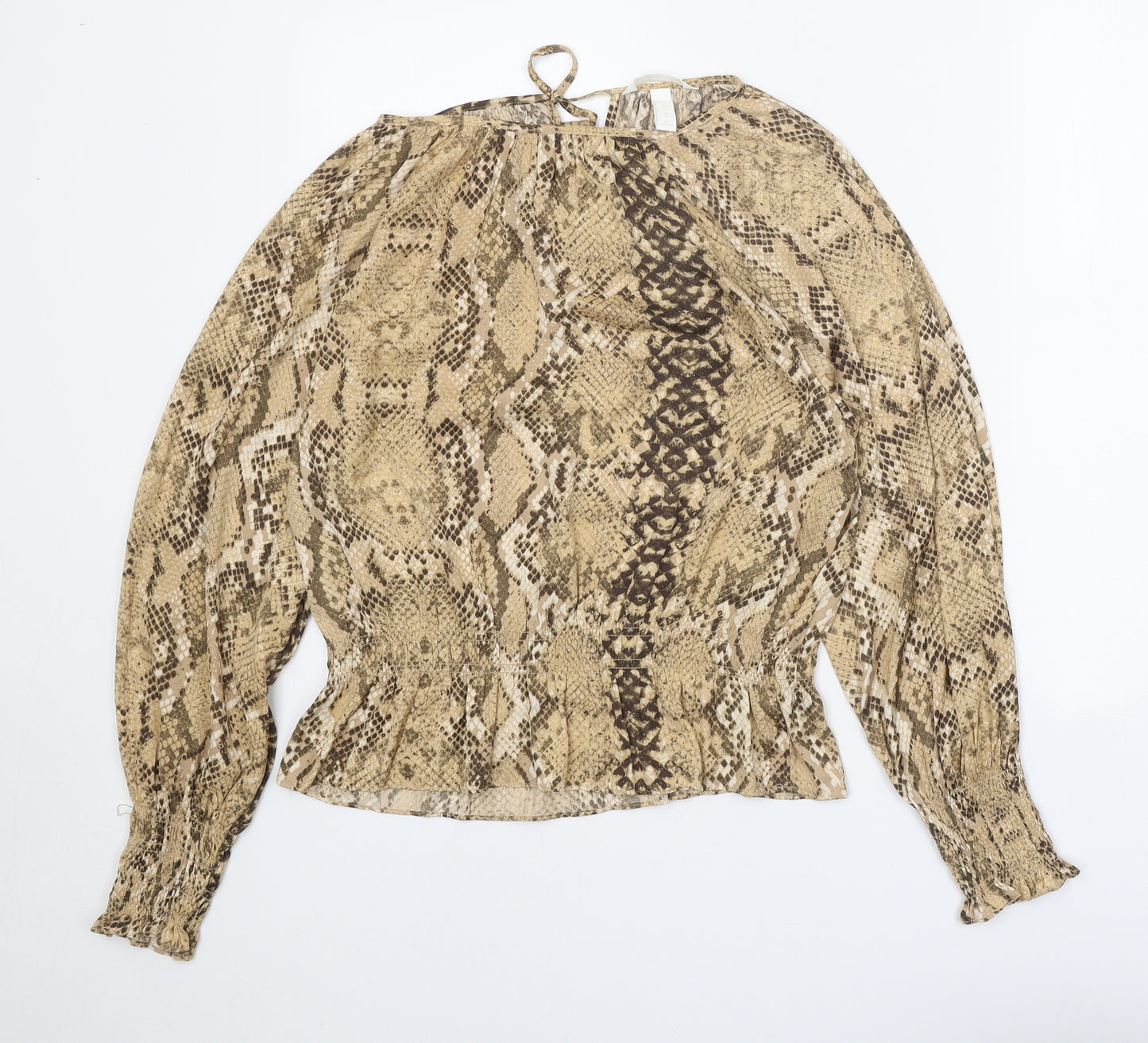 H&M Womens Beige Animal Print Polyester Basic Blouse Size 10 Round Neck - Snake Print