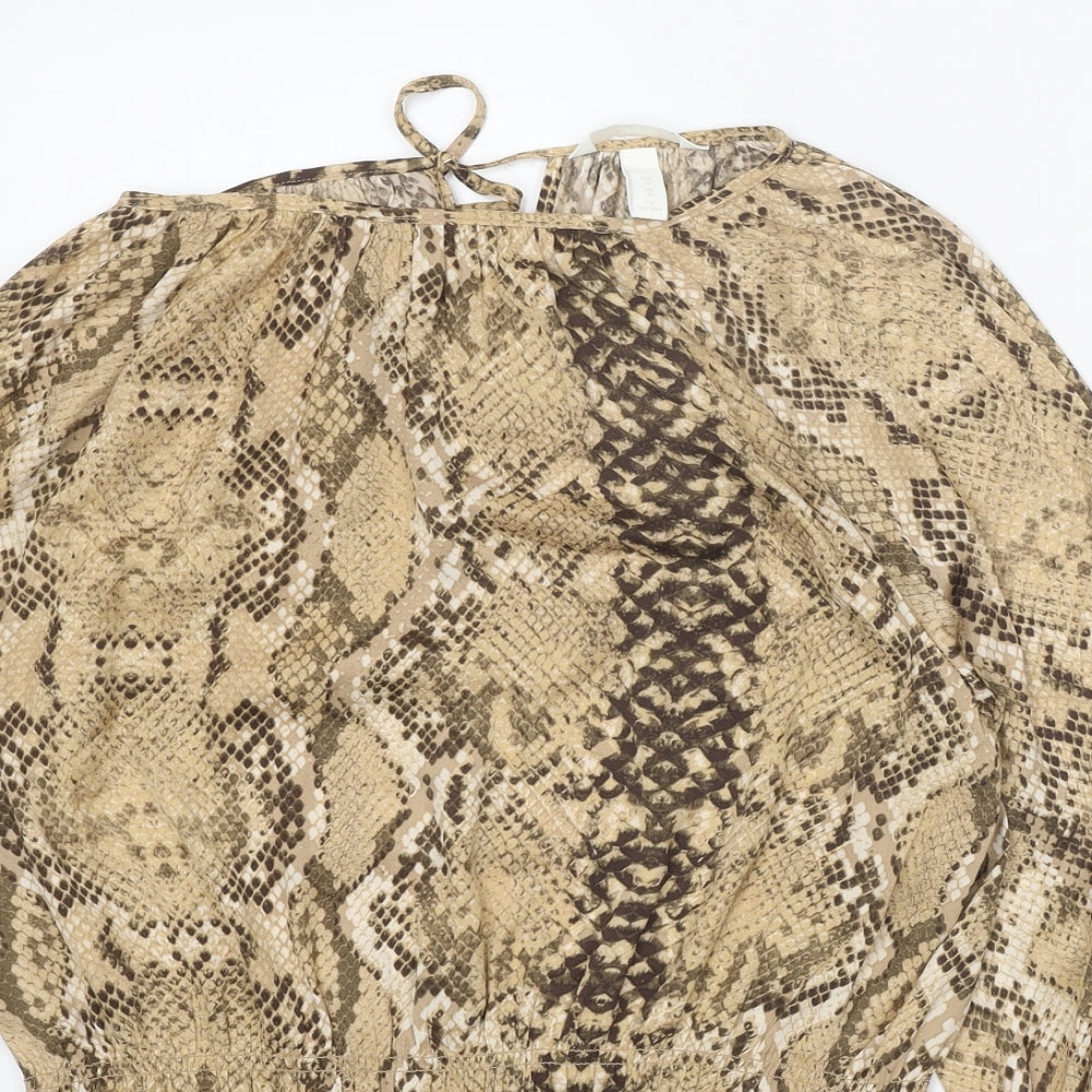 H&M Womens Beige Animal Print Polyester Basic Blouse Size 10 Round Neck - Snake Print