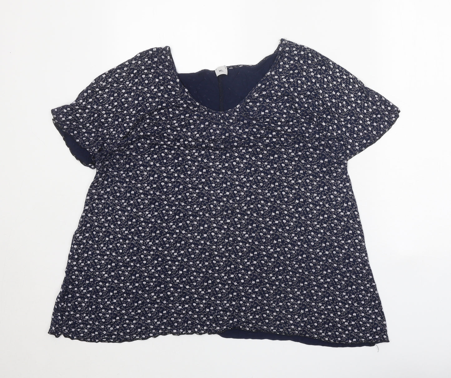 Preworn Womens Blue Floral Viscose Basic Blouse Size XL V-Neck