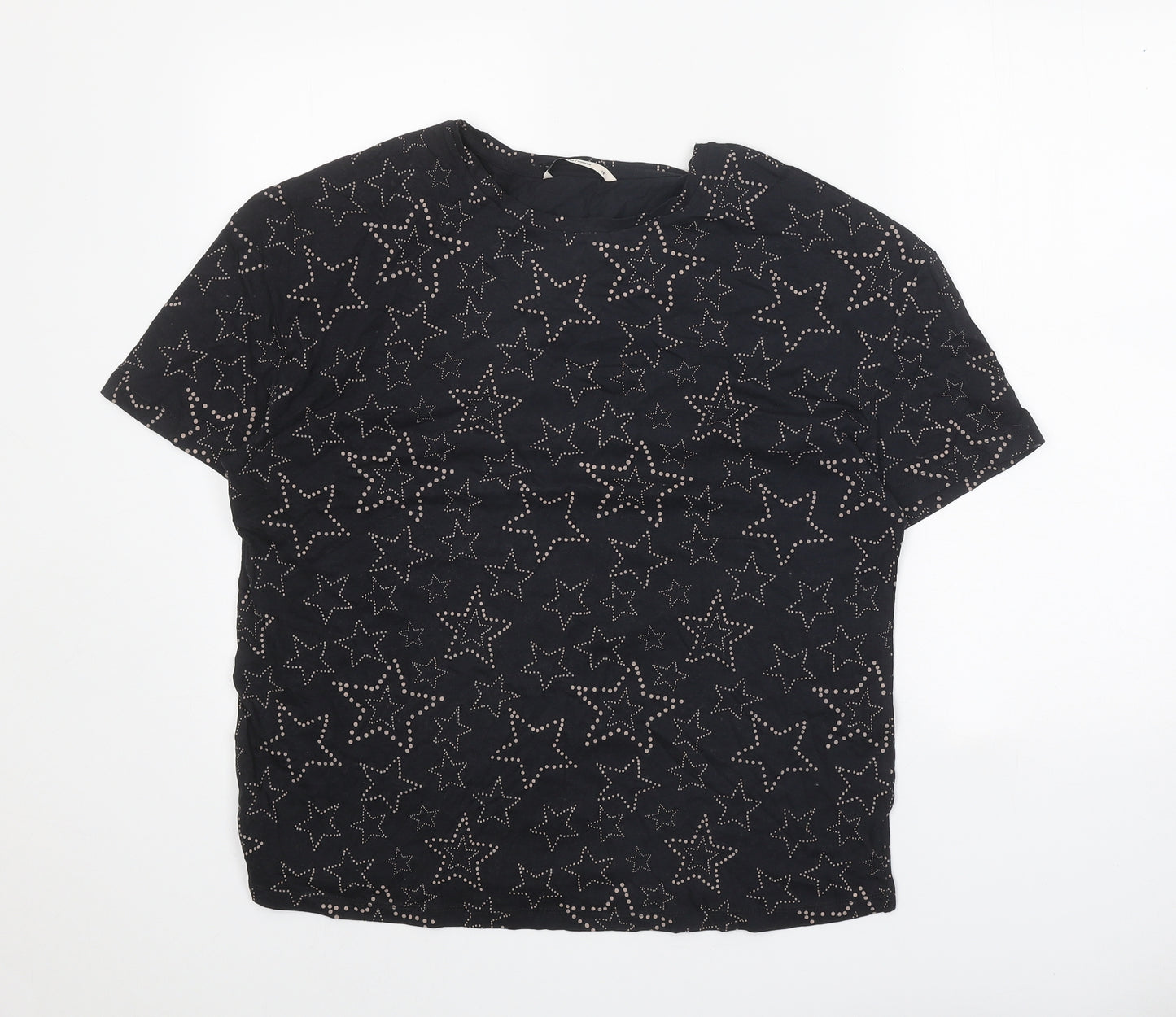 TU Womens Black Geometric 100% Cotton Basic T-Shirt Size 14 Scoop Neck - Stars