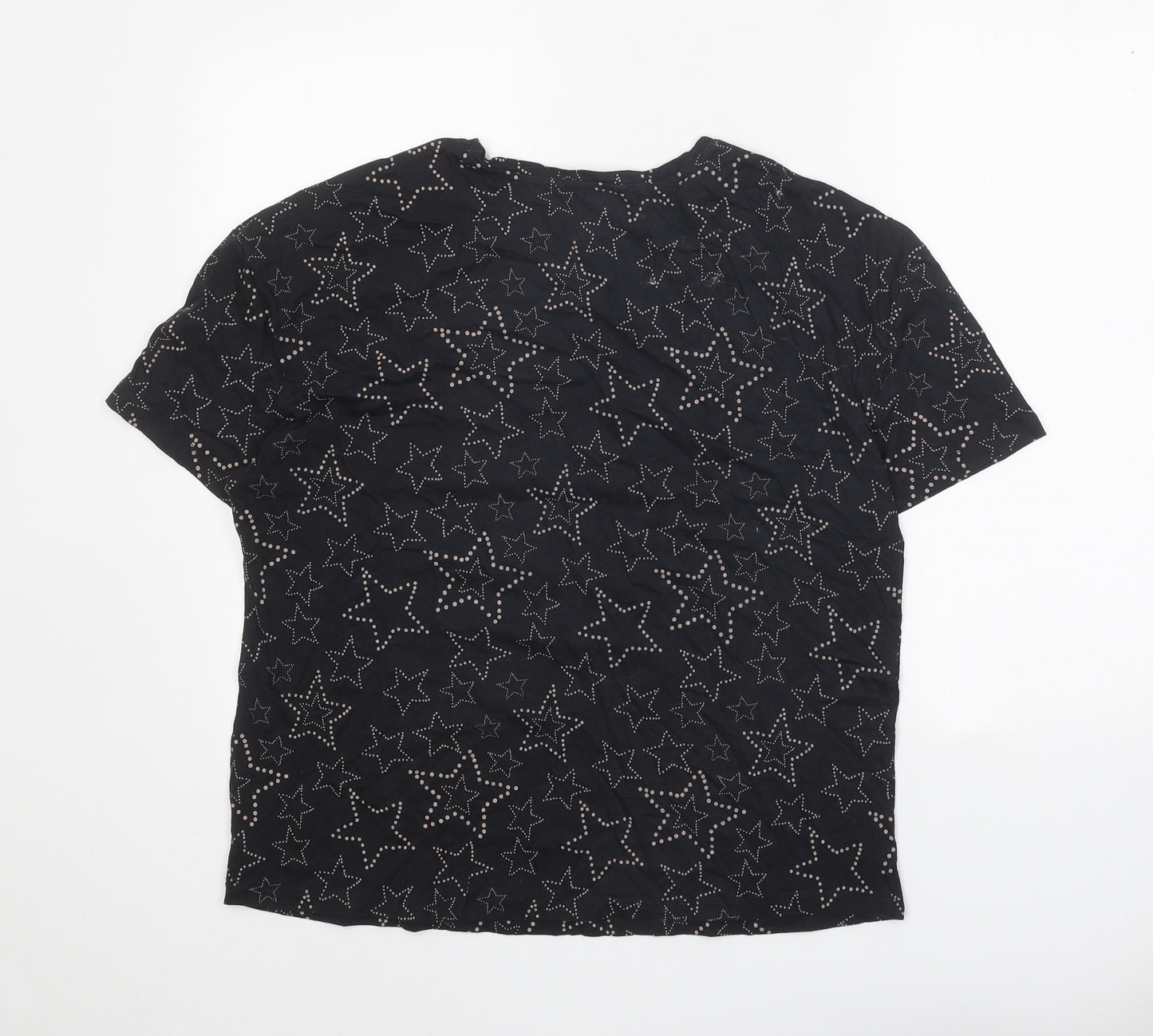 TU Womens Black Geometric 100% Cotton Basic T-Shirt Size 14 Scoop Neck - Stars