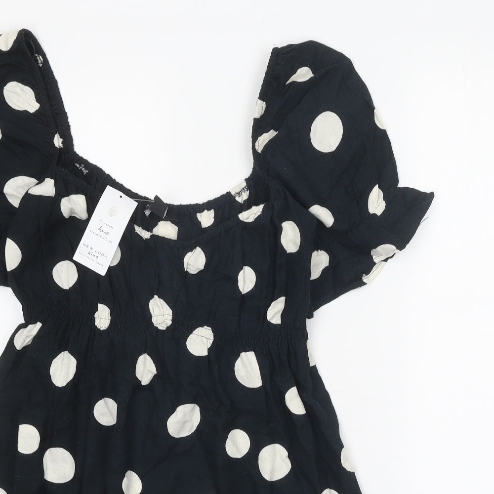 New Look Womens Black Polka Dot Cotton A-Line Size 12 Round Neck Pullover