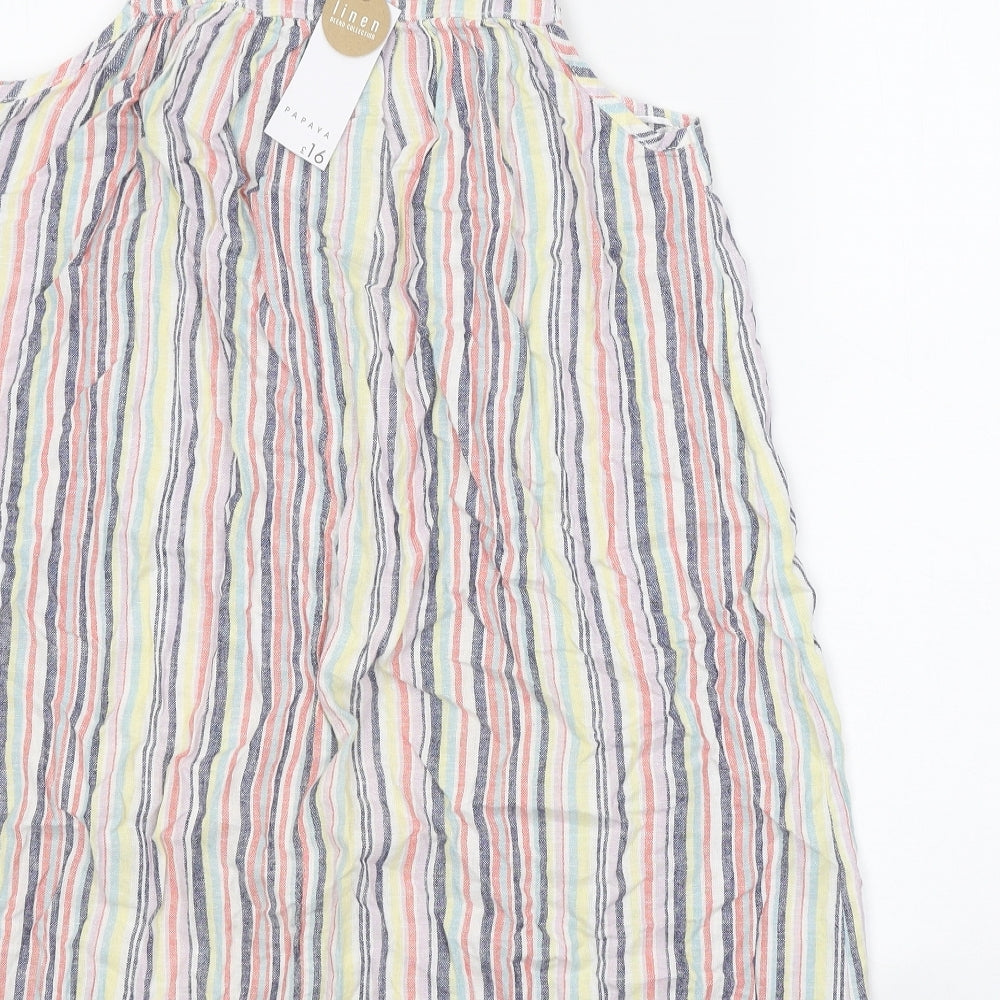 Papaya Womens Multicoloured Striped Linen Tank Dress Size 10 Square Neck Pullover