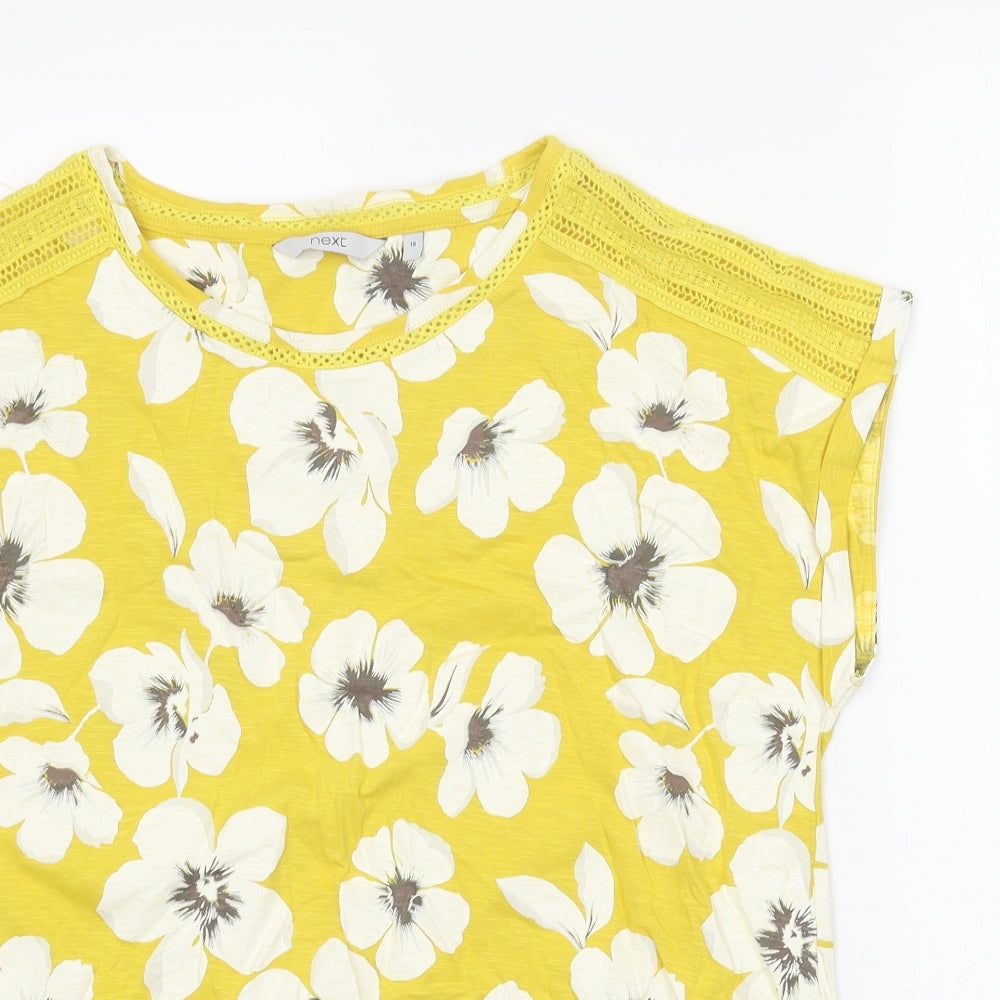 NEXT Womens Yellow Floral 100% Cotton Basic T-Shirt Size 18 Scoop Neck