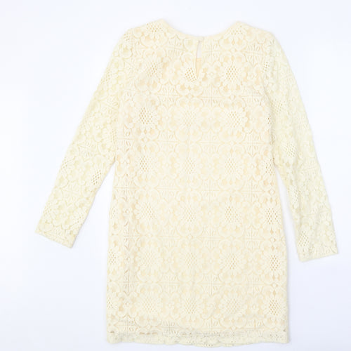Darling Womens Beige Geometric Cotton Shift Size 8 Round Neck Button