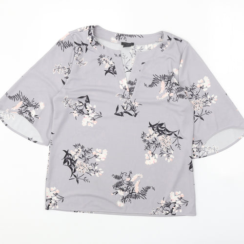 Ann Taylor Womens Grey Floral Polyester Basic Blouse Size M V-Neck