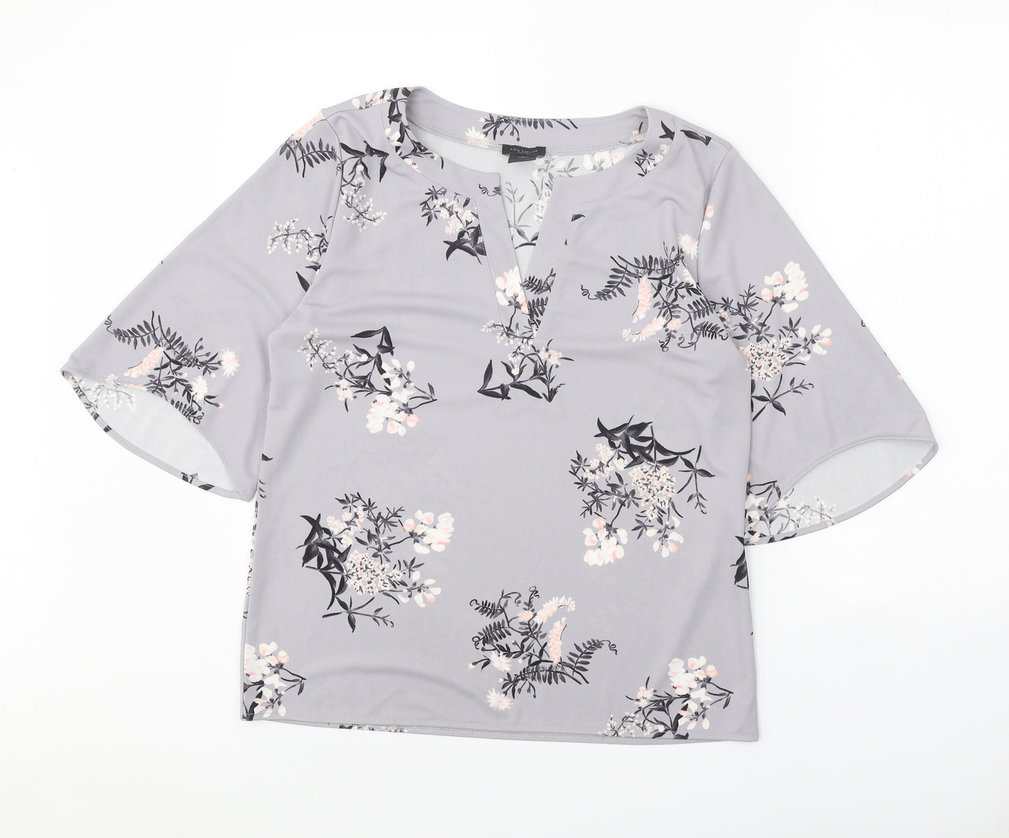 Ann Taylor Womens Grey Floral Polyester Basic Blouse Size M V-Neck