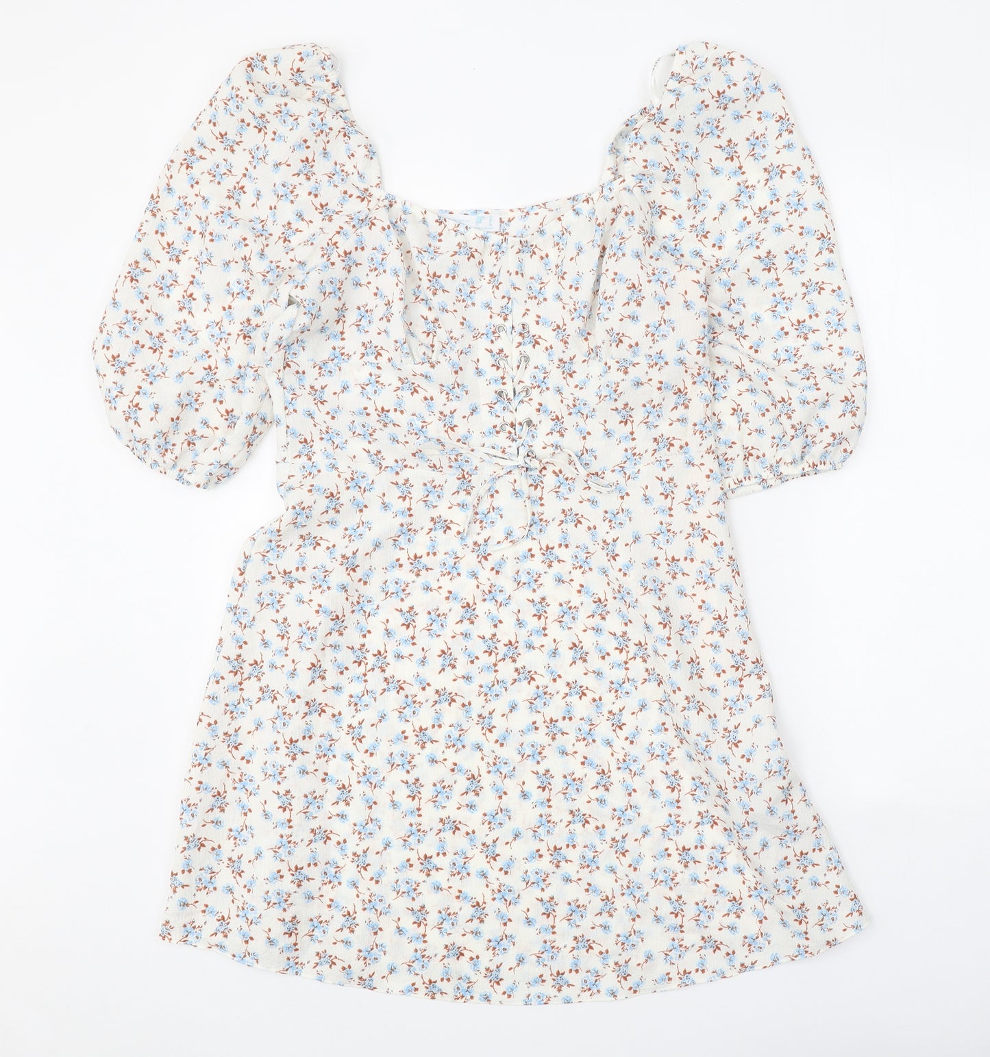Primark Womens White Floral Polyester Trapeze & Swing Size 12 Square Neck Lace Up