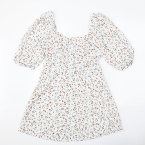 Primark Womens White Floral Polyester Trapeze & Swing Size 12 Square Neck Lace Up