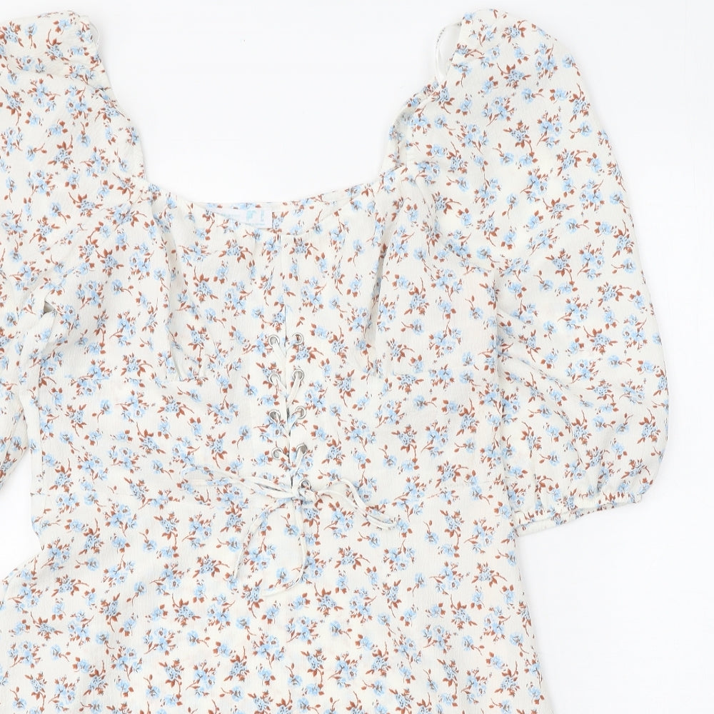 Primark Womens White Floral Polyester Trapeze & Swing Size 12 Square Neck Lace Up