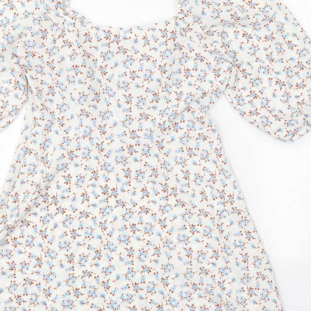 Primark Womens White Floral Polyester Trapeze & Swing Size 12 Square Neck Lace Up