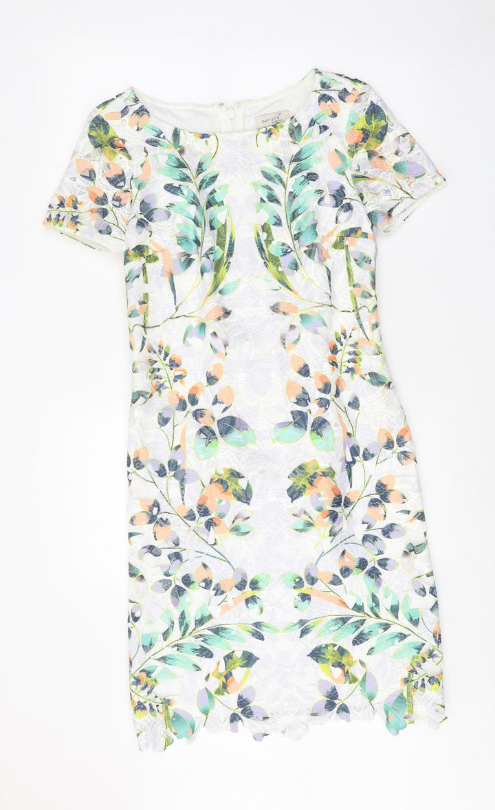 Per Una Womens White Floral Polyester A-Line Size 8 Round Neck Zip