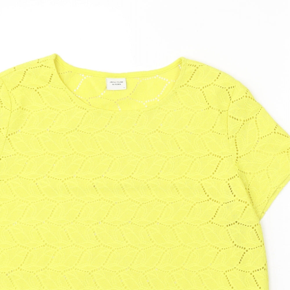 Jacqueline De Yong Womens Yellow Geometric Polyester Basic Blouse Size L Round Neck