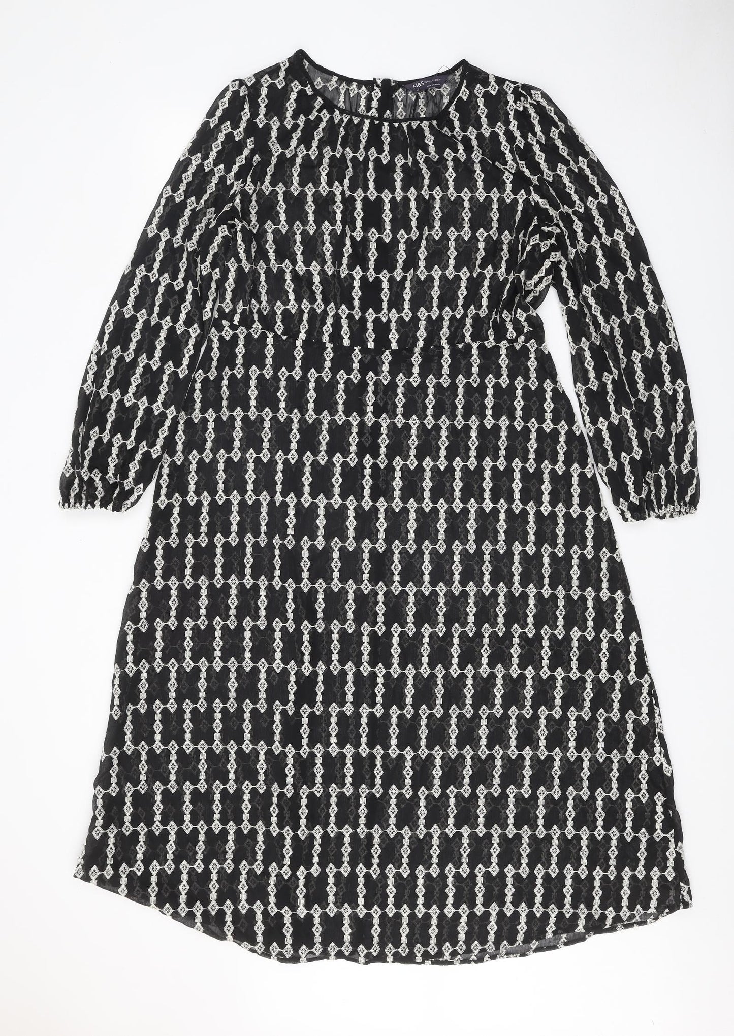 Marks and Spencer Womens Black Geometric Polyester Trapeze & Swing Size 16 Round Neck Zip
