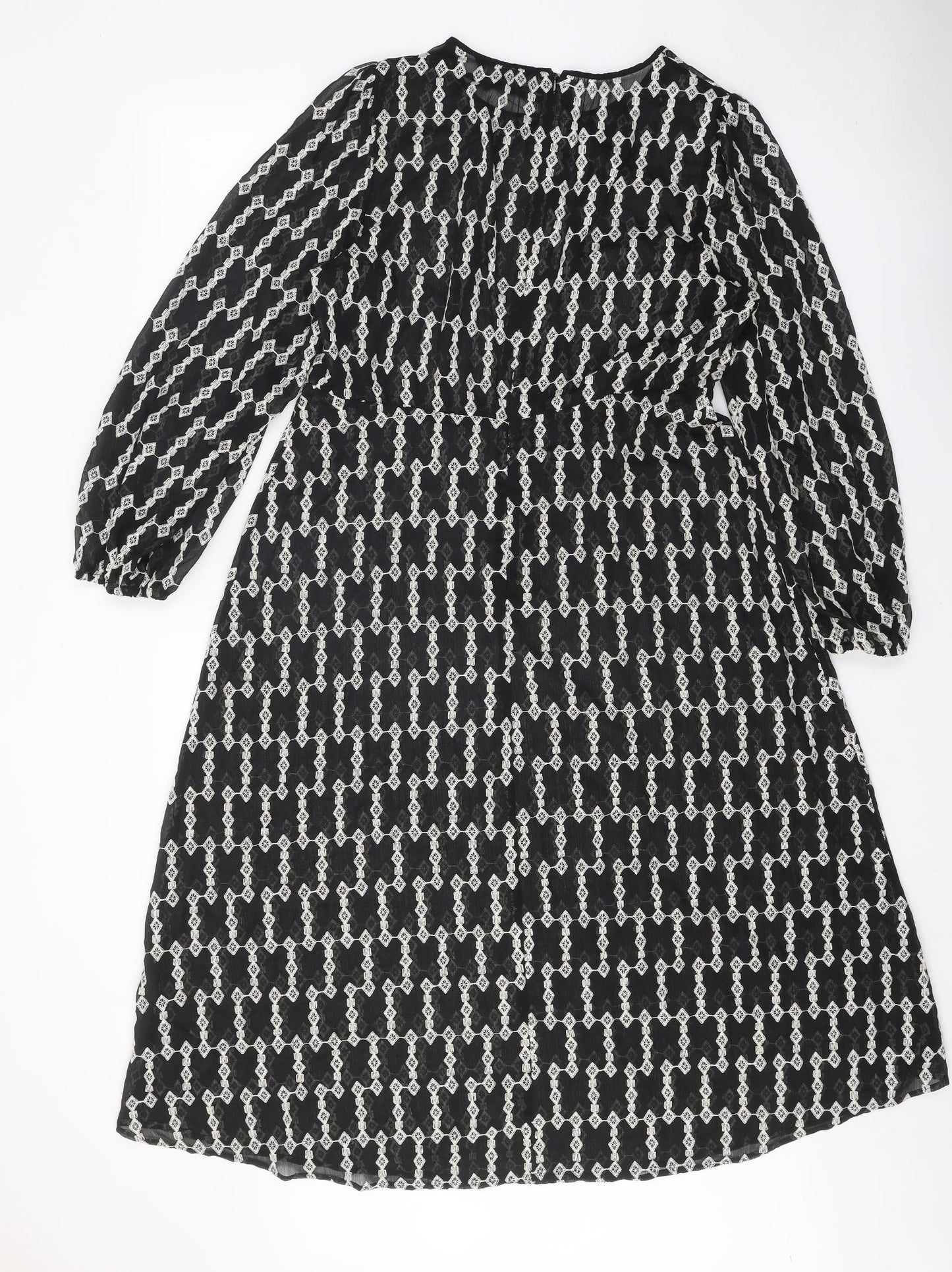 Marks and Spencer Womens Black Geometric Polyester Trapeze & Swing Size 16 Round Neck Zip
