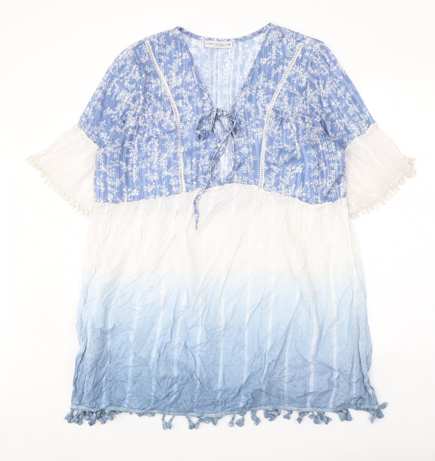 Made in Italy Womens Blue Geometric Cotton Trapeze & Swing One Size V-Neck Pullover