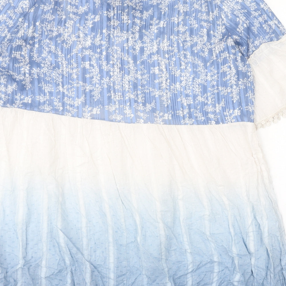 Made in Italy Womens Blue Geometric Cotton Trapeze & Swing One Size V-Neck Pullover