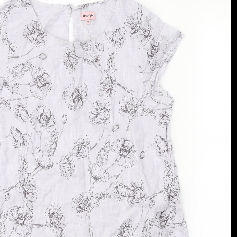 Phase Eight Womens Grey Floral 100% Cotton A-Line Size 14 Round Neck Button