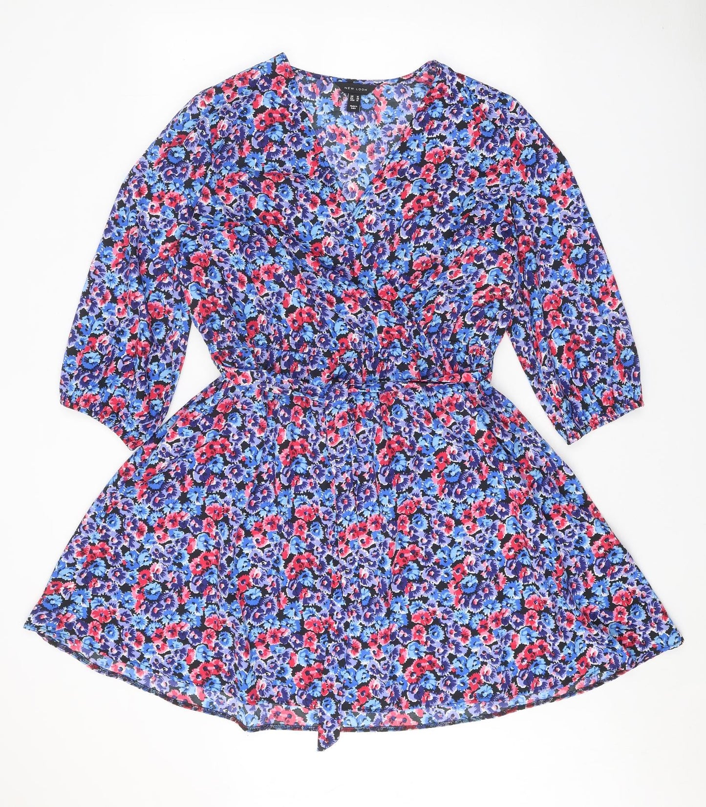 New Look Womens Blue Floral Polyester Fit & Flare Size 18 V-Neck Tie