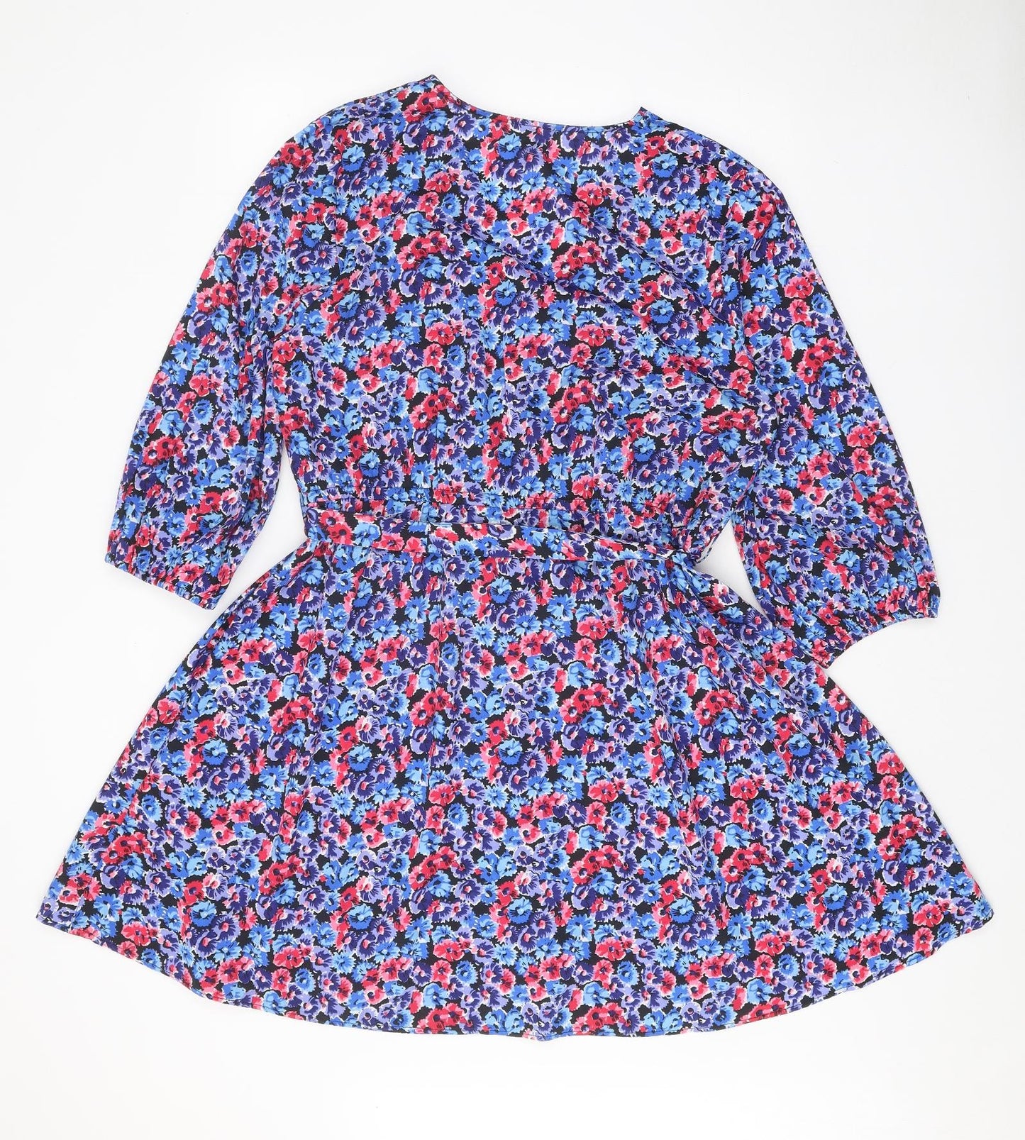 New Look Womens Blue Floral Polyester Fit & Flare Size 18 V-Neck Tie