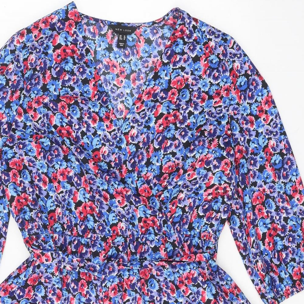 New Look Womens Blue Floral Polyester Fit & Flare Size 18 V-Neck Tie