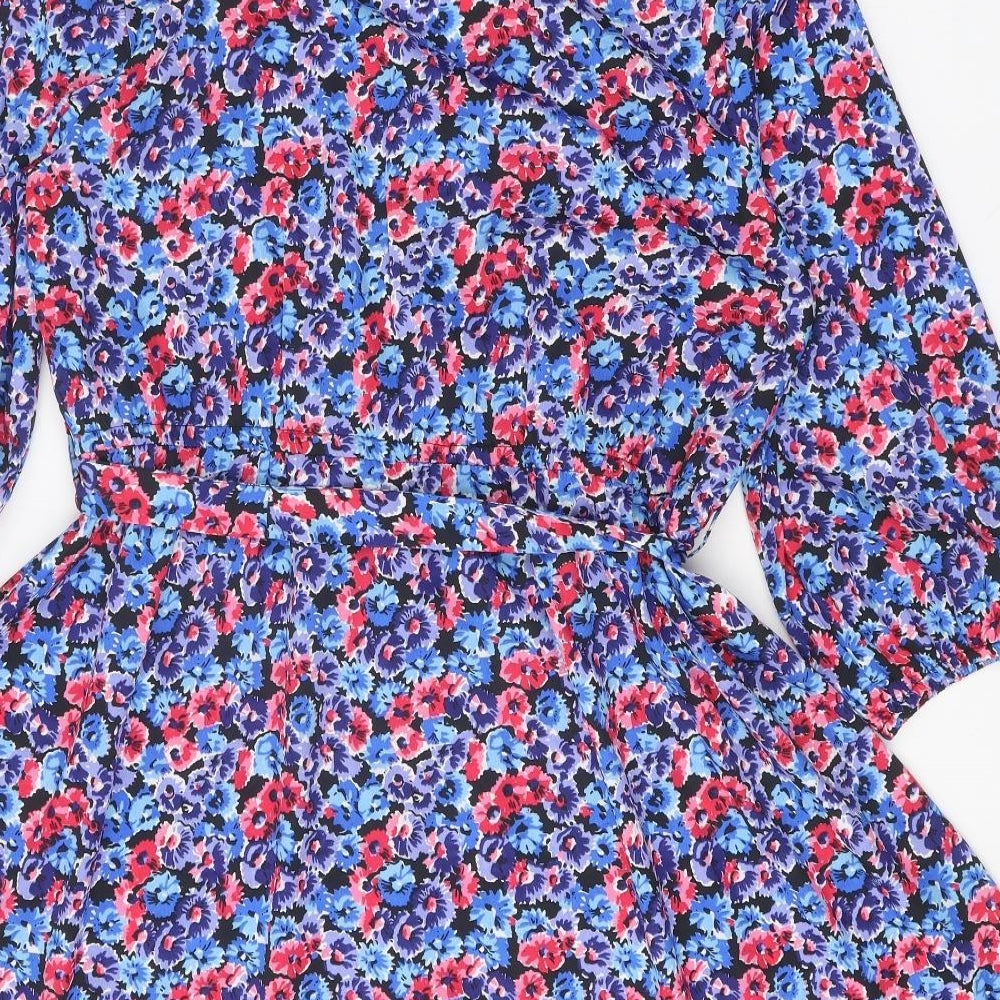 New Look Womens Blue Floral Polyester Fit & Flare Size 18 V-Neck Tie