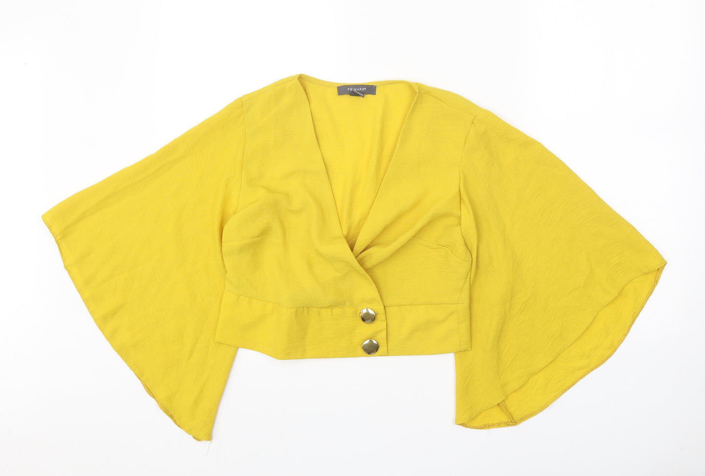 Primark Womens Yellow Polyester Cropped Blouse Size 10 V-Neck - Voluminous Sleeves